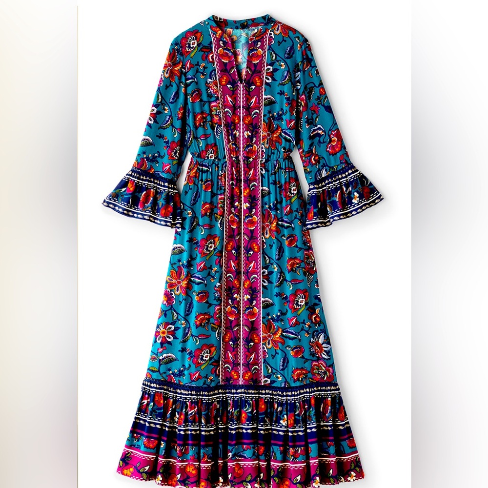 Soft Surroundings Blue and burgundy print Ruffled hem Dress.Size PetiteSmall.NWT